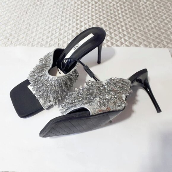 NWT Zara black, grey & silver beaded strap heeled sandals - Picture 12 of 16